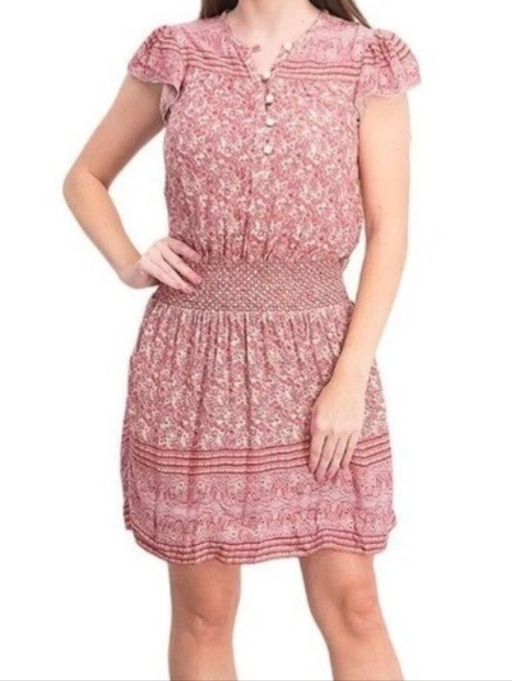 Faherty Bemini Smocked Waist Pink / Red Floral Mini Dress Boho